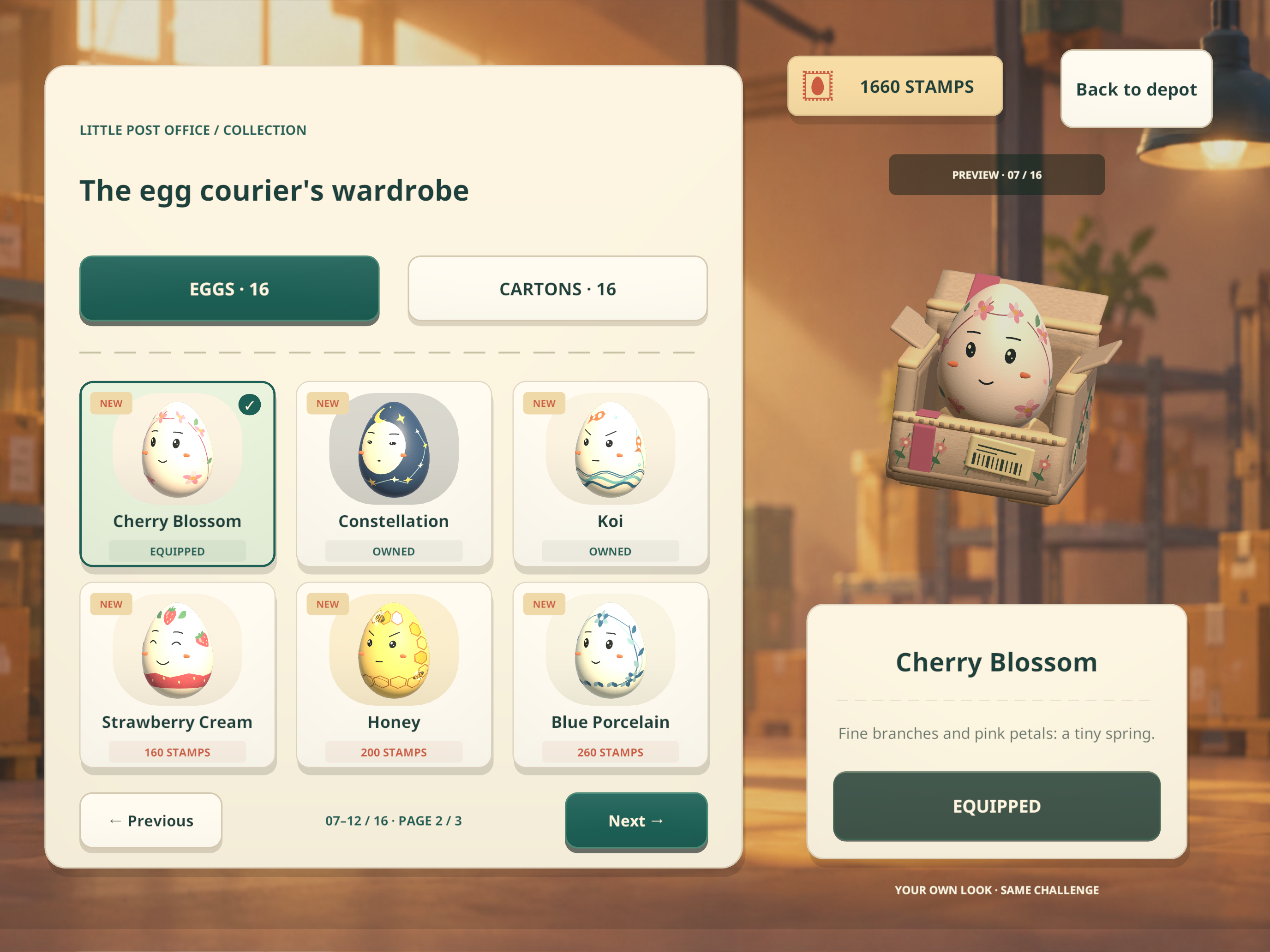 The in-game collection showing Cherry Blossom, Constellation, Koi and other egg styles alongside a decorated carton