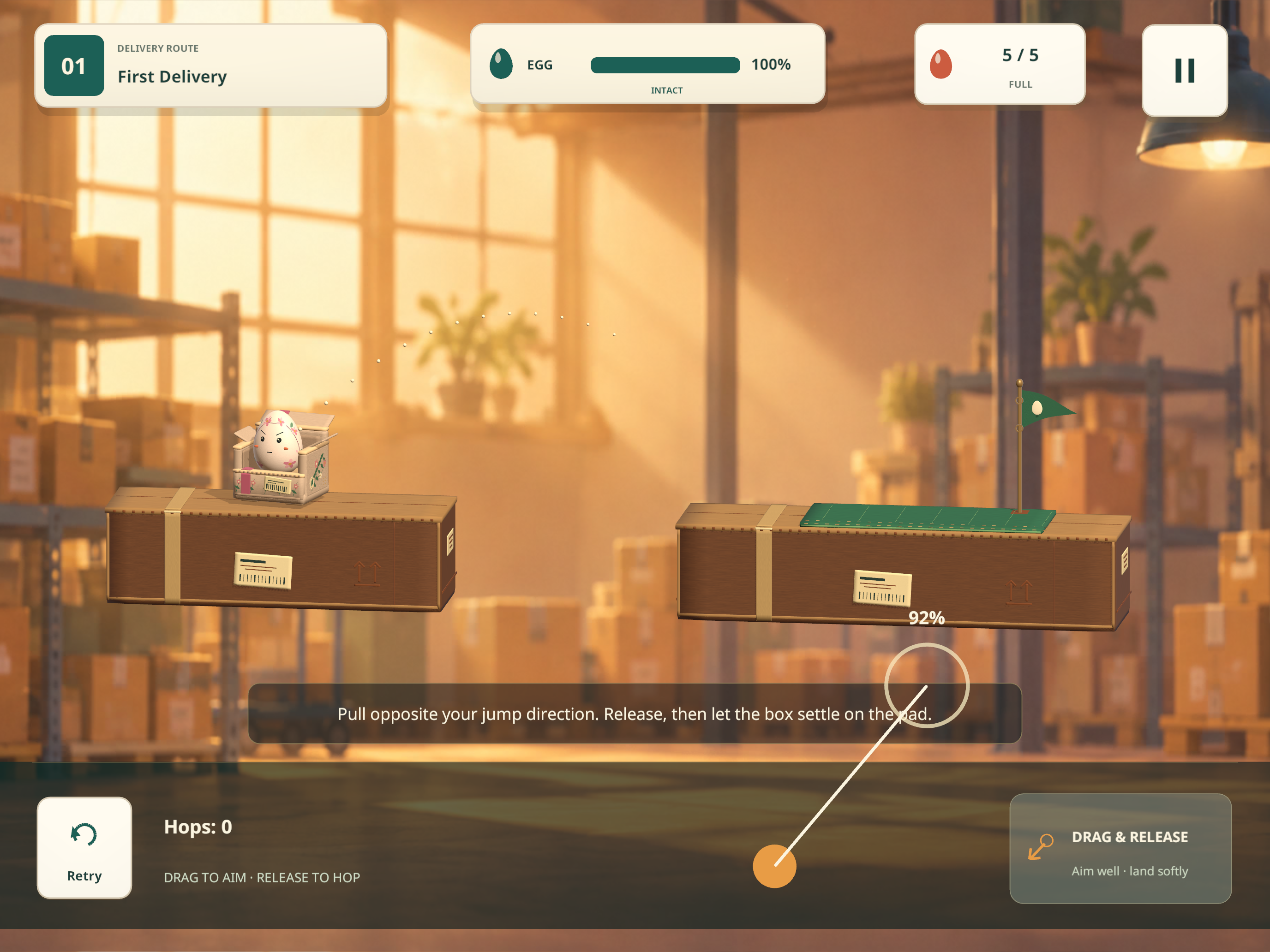 Actual Shellivery gameplay: drag to aim an egg's first hop between two cardboard platforms